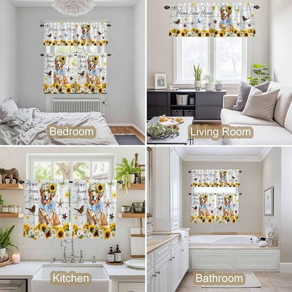 Kitchen Curtains Tiers and Valance Set of 3, Sunflowers Dog Light Filtering Window Curtain Set, Spring Watercolor Floral Stars Wood Grain Rod Pocket Curtain Drapes for Living Room, 36 Inches Tiers