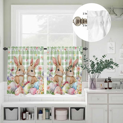 Easter Kitchen Curtains Set 3 Piece for Windows, Rod Pocket Valance and Tier Set 24 Inch Length, Spring Rabbit Eggs Flower Butterfly Green Plaid Light Filtering Cafe Curtains for Living Room Bathroom