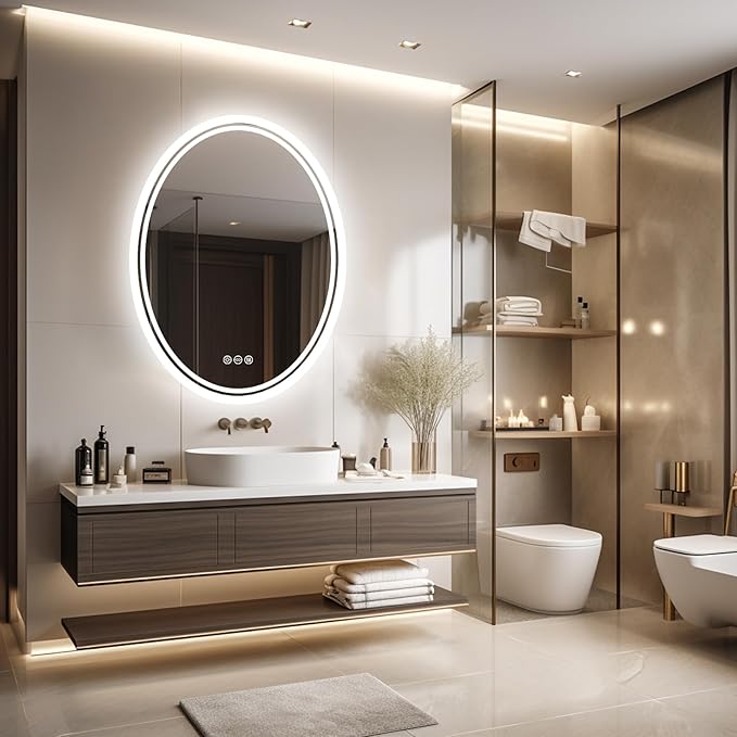 LUVODI Lighted LED Bathroom Mirror: 32”x24” Oval Wall Mounted Dimmable Makeup Mirror Anti-Fog with Back Lit - Illuminated 3 Colors Vanity Mirrors with Demister Pad Smart Touch Switch IP56 Rated