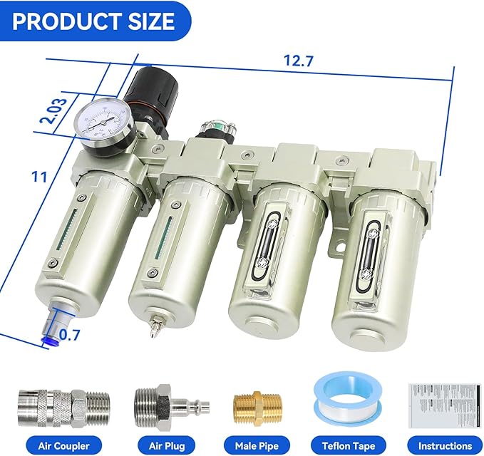 1/2" NPT Industrial Grade 4 Stage Air-Dryer-for-Compressor, Air-Compressor-Water-Separator-System for Plasma Cutter and Paint Spray,2Filter&2Dryer system，Auto Drain