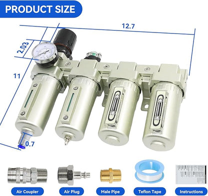 1/2" NPT Industrial Grade 4 Stage Air-Dryer-for-Compressor, Air-Compressor-Water-Separator-System for Plasma Cutter and Paint Spray,2Filter&2Dryer system，Auto Drain