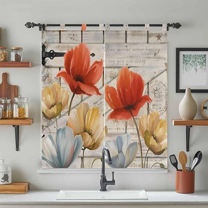 Retro Floral Living Room Curtains 84 Inch Length, Window Curtains Tab Top, Red Yellow Tulips Barm Doors Farmhouse Wooden Light Filtering Window Treatments Drapes 42"x84" 2 Panel