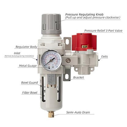 Industrial Air Compressor Filter Regulator Combo 3/8" NPT 0-150 PSI Gauge,Semi-Auto Drain,Pressure relief 3 port valve,5 Micron Water Separator for Pneumatic Tools