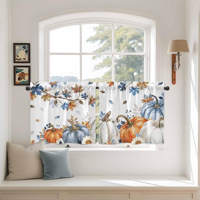 Navy Blue Pumpkin Fall Kitchen Tier Curtains 24 Inch Long 2 Panel Set,Rod Pocket Cafe Small Window Curtains Over Sink,Thanksgiving Maple Leaves Branches Short Drapes for Bathroom Cabinet 27.5"W x 24"L