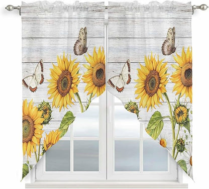Yellow Sunflowers Swag Valances for Windows, Vintage Country Flowers Butterfly Wood Board Rod Pocket Kitchen Curtains Valance, Kitchen Window Curtains Swag for Cafe Living Room, 2 Panels, 36x45 inch