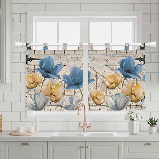 Blue Yellow Tulips Kitchen Curtains 36 Inch Length, Small Window Curtains Tab Top, Retro Farmhouse Flower Barn Doors Wooden Light Filtering Short Window Treatments Tier Drapes 27.5"x36" 2 Panel