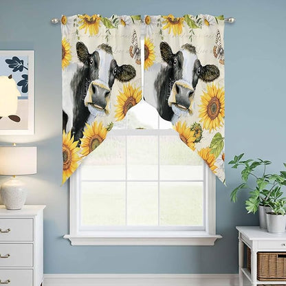 Yellow Sunflowers Swag Valances for Windows, Country Cow Flower Butterfly Farmhouse Cream Rod Pocket Kitchen Curtains Valance, Kitchen Window Curtains Swag for Cafe Living Room, 2 Panels, 36x45 inch