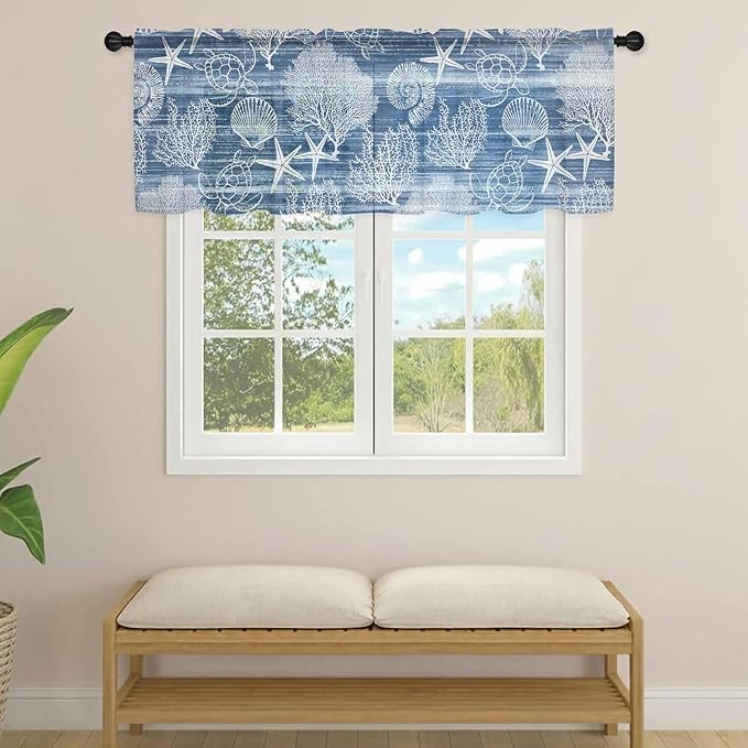 Navy Blue Retro Summer Sheer Valance Curtains, Sea Turtle Starfish Coral Ocean Light Filtering Kitchen Valances Rod Pocket Voile Curtain Window Treatment for Bedroom/Living Room/Basement 42Wx12L