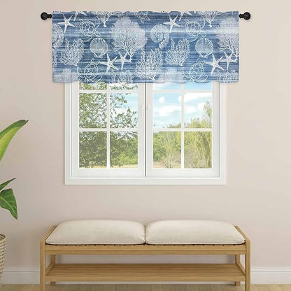 Navy Blue Retro Summer Sheer Valance Curtains, Sea Turtle Starfish Coral Ocean Light Filtering Kitchen Valances Rod Pocket Voile Curtain Window Treatment for Bedroom/Living Room/Basement 42Wx12L