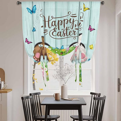 Tie Up Curtains,Happy Easter Bunny Butt Egg Floral Adjustable Rod Pocket Window Shade Curtain Drape Spring Plant on Aqua Wood Tie-Up Valance for Kitchen Bedroom Living Room Windows,52"x63"
