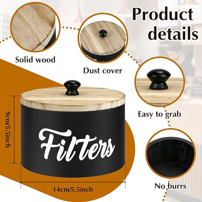 Wooden Coffee Filter Holder with Lid, Basket Coffee Filter Storage Container for Counter, Rustic Farmhouse Café Bar Decor, 50 Count Capacity (Black)