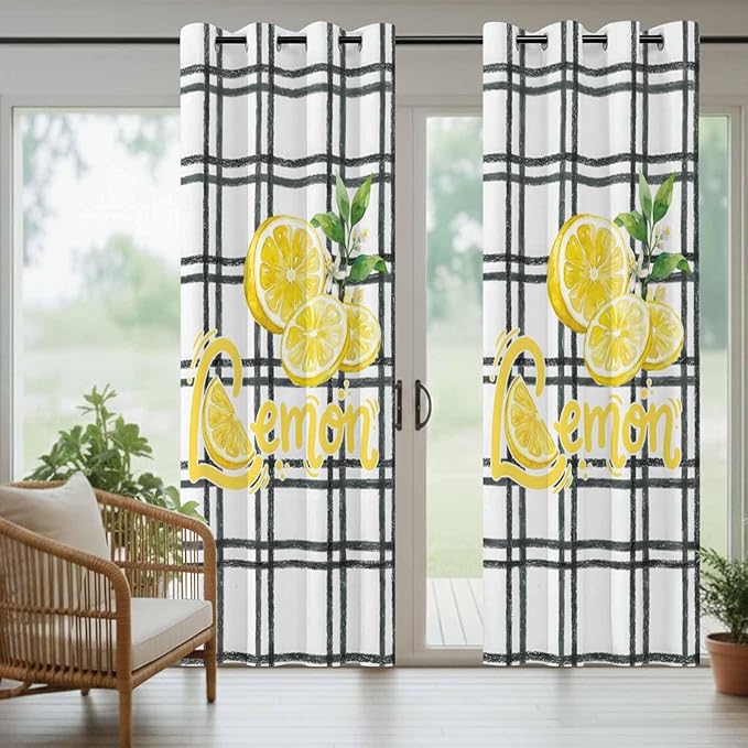 Lemon Outdoor Curtains for Patio Lemon Leaves Summer Plaid Buffalo Waterproof Outside Curtains with Grommet Top Weatherproof Curtain for Cabana Pergola Gazebo, 1 Panel, 54" W x 108" L