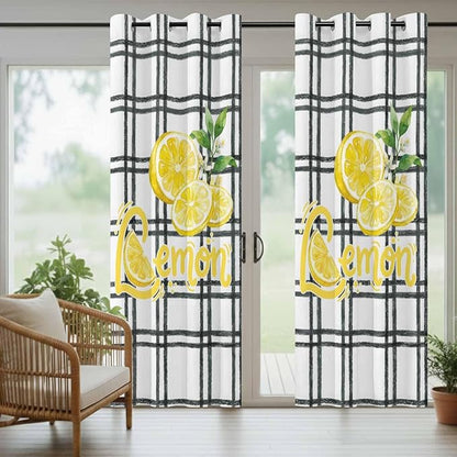 Lemon Outdoor Curtains for Patio Lemon Leaves Summer Plaid Buffalo Waterproof Outside Curtains with Grommet Top Weatherproof Curtain for Cabana Pergola Gazebo, 1 Panel, 54" W x 108" L