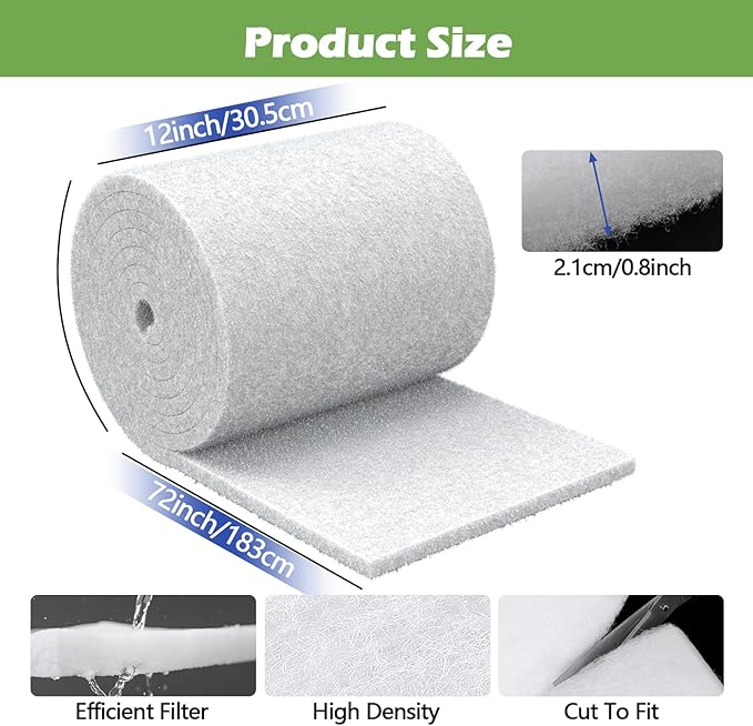 Classic Pond Filter Pad Media 12"x72"x1", 6 Ft² White Thicker Reusable Replacement Washable Pad,Fish Pond Filter Material for Outdoor Ponds Aquarium