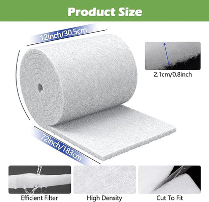 Classic Pond Filter Pad Media 12"x72"x1", 6 Ft² White Thicker Reusable Replacement Washable Pad,Fish Pond Filter Material for Outdoor Ponds Aquarium