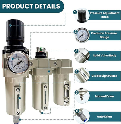 Upgraded 3/4" NPT Heavy Duty Industrial Grade 3 Stage Air Drying System, Particulate Filter, Coalescing Filter, Desiccant Dryer & Air Regulator - for Plasma Cutter, Paint Spray（Auto Drain）