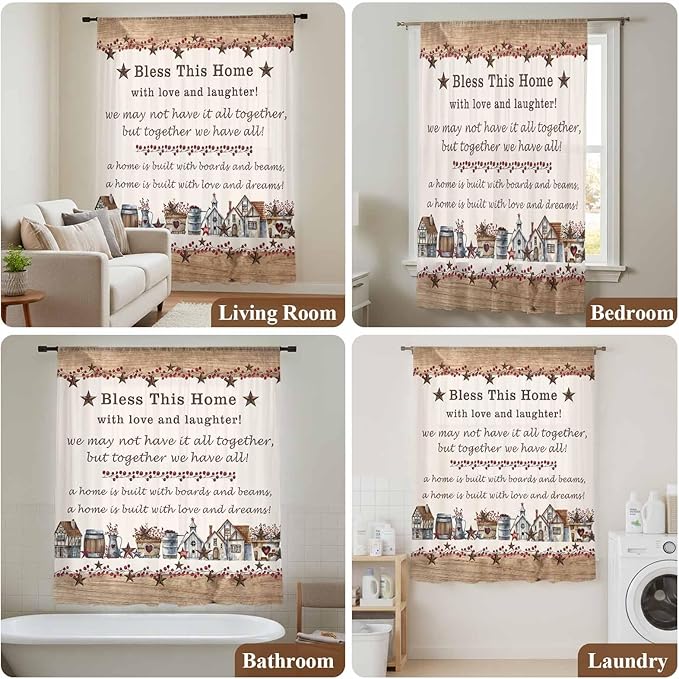 Farmhouse Sheer Curtains 96 Inch Length Country Star Barn Berry Brown Wood Plank Chiffon Curtain for Bedroom Living Room Light Filtering Rod Pocket Window Treatments Voile Curtains Drapes for Dining