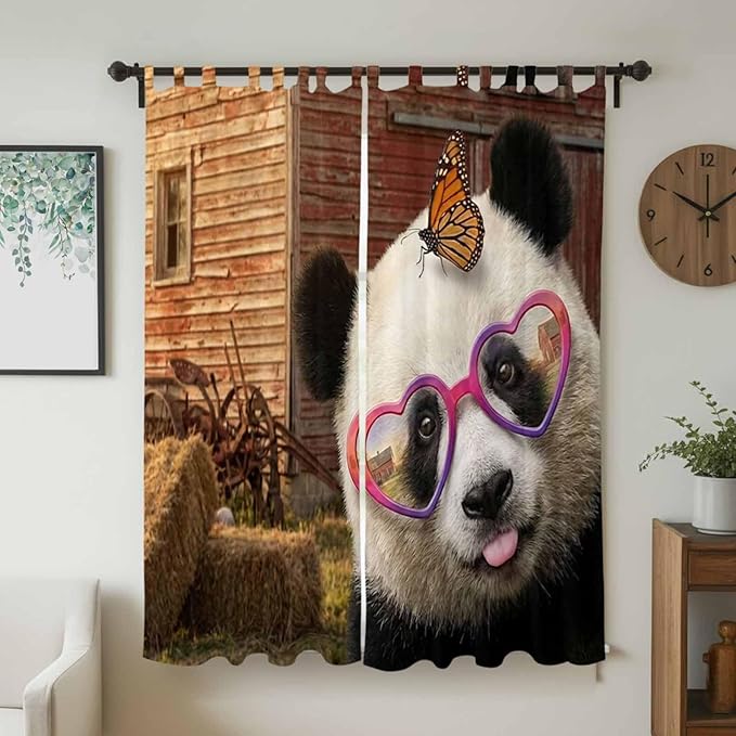 Farm Panda Living Room Curtains 84 Inch Length, Window Curtains Tab Top, Farmhouse Barn Funny Animals Butterfly Light Filtering Window Treatments Drapes 52"x84" 2 Panel