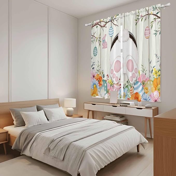Easter Window Curtains 63 Inch Long 2 Panel Set, Rod Pocket Bedroom Curtains & Drapes, Spring Farmhouse Watercolor Bunny Eggs Wood Grain Light Filtering Window Treatment for Living Room 42"W x 63"L