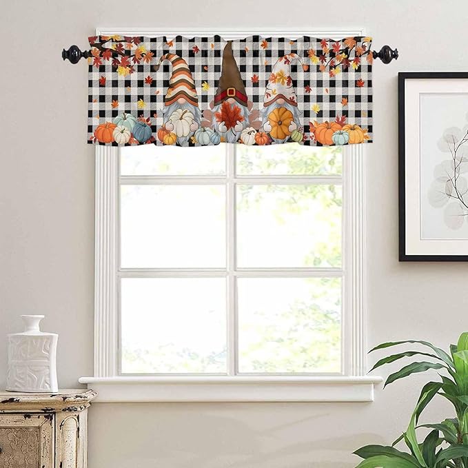 Thanksgiving Gnomes Kitchen Curtain Set, Fallen Maple Leaf Pumpkin Black Plaid Window Valance and Tiers 36" Length, Light Filtering Short Curtains Valance for Cafe Bathroom Bedroom 54"x18"