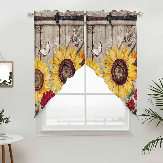 Sunflowers Swag Valances for Windows, Retro Flower Barn Doors Butterfly Farmhouse Brown Rod Pocket Kitchen Curtains Valance, Small Window Curtains Swag for Cafe Living Room, 2 Panels, 36x36 inch