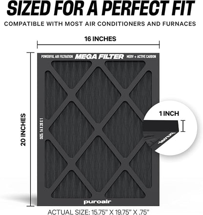 PuroAir MegaFilter - 16x20x1 Air Filter MERV 13 Activated CarbonTech Defense - Heavy Duty 3 Layer Furnace Filters Allergens, Pollen, Dust, Pet Dander, Smoke, Odors - HVAC Air Filter 16x20x1 (1-Pack)