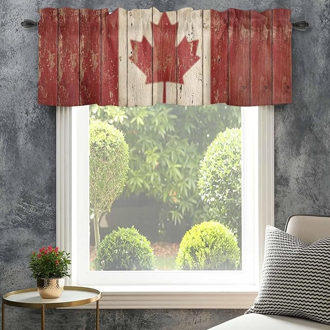 Canada Curtain Valances for Windows, Kitchen Valance Window Treatment, Red Maple Leaf Flag Vintage Farmhouse Wooden Grain Light Filtering Block Curtains for Bathroom/Bedroom/Living Room 42'' x 18''
