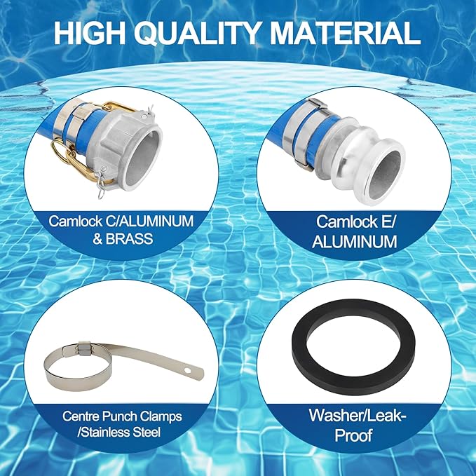 2" x 50 ft Backwash Hose for Swimming Pools, Heavy Duty PVC Water Lay Flat Discharge Hose,Durable Pool Drain Hose with Aluminum Camlock C and E Fittings for Pump And Filters