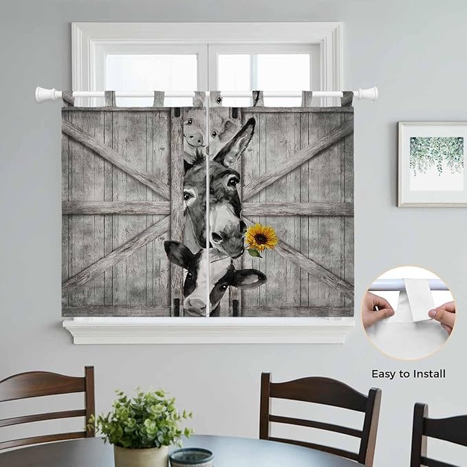 Funny Farm Animals Bedroom Curtains 63 Inch Length, Window Curtains Tab Top, Vintage Barn Grey Sunflowers Light Filtering Window Treatments Drapes 42"x63" 2 Panel