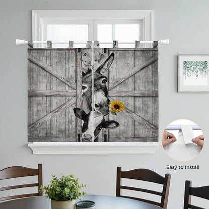 Funny Farm Animals Kitchen Curtains 45 Inch Length, Short Cafe Window Curtains Tab Top, Vintage Barn Grey Sunflowers Light Filtering Window Treatments Tier Drapes 27.5"x45" 2 Panel