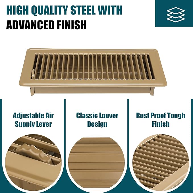 VOISEN Floor Register 4x12, 6 Pack Floor Vent Covers, Steel Adjustable Air Supply Grille Register Vent Cover Grill for Sidewall and Floor, Vent Covers for Home Floor,Brown