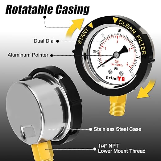 0-60PSI Pool Filter Pressure Gauge, 2 inches Dial, 1/4" NPT Bottom Mount, 304Stainless Steel Case, IP67 Waterproof, Clean Filter Indicator, for Swimming Water Pump Spa Aquarium Pressure Test