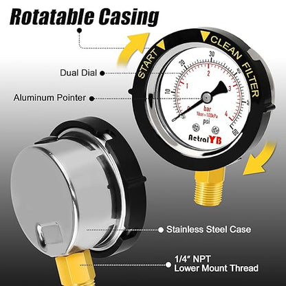 0-60PSI Pool Filter Pressure Gauge, 2 inches Dial, 1/4" NPT Bottom Mount, 304Stainless Steel Case, IP67 Waterproof, Clean Filter Indicator, for Swimming Water Pump Spa Aquarium Pressure Test