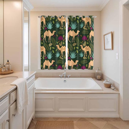 2 Panel Kitchen Cafe Curtains, Retro Desert Camel Sunlight Filtering Nature Air Through, Window Decor Tier Curtains for Living Room 80W x 63L inch Tropical Animal Aloe Vera Leaves Dark Green