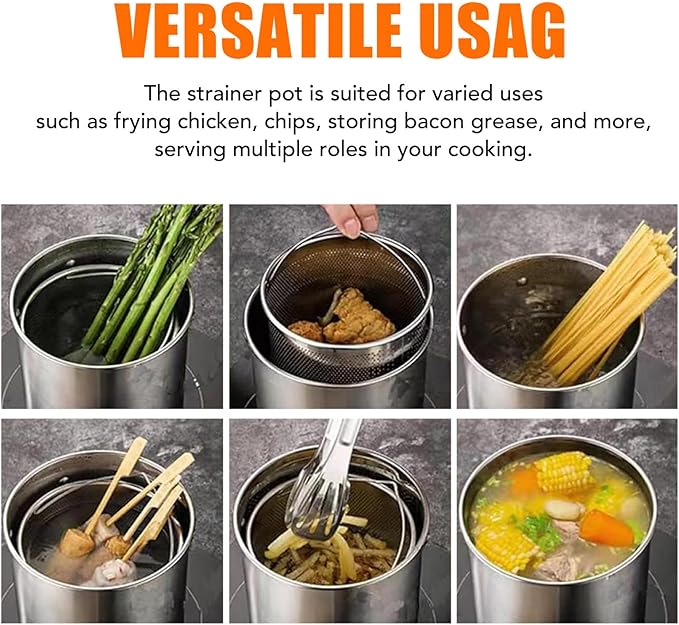 Oil Strainer, Bacon Grease Container Large Capacity Deep Fryer and Strainer Cup Combo Pan, 304 Stainless Steel Oil Separator, Ergonomic Handle, Easy to Use, Multi Functional, for