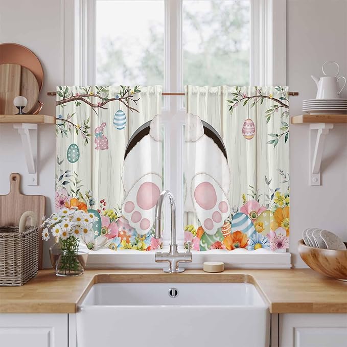 Easter Kitchen Tier Curtains 45 Inch Long 2 Panel Set,Rod Pocket Short Window Treatment,Spring Farmhouse Watercolor Bunny Eggs Wood Grain Light Filtering Curtains & Drapes for Bathroom 27.5"W x 45"L
