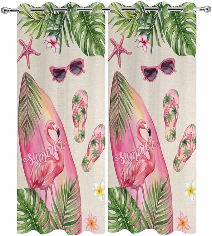 Summer Flamingbirds Outdoor Curtains for Patio Palm Leaves Plumeria Linen Waterproof Outside Curtains with Grommet Top Weatherproof Curtain for Cabana Pergola Gazebo, 2 Pack, 54" W x 84" L