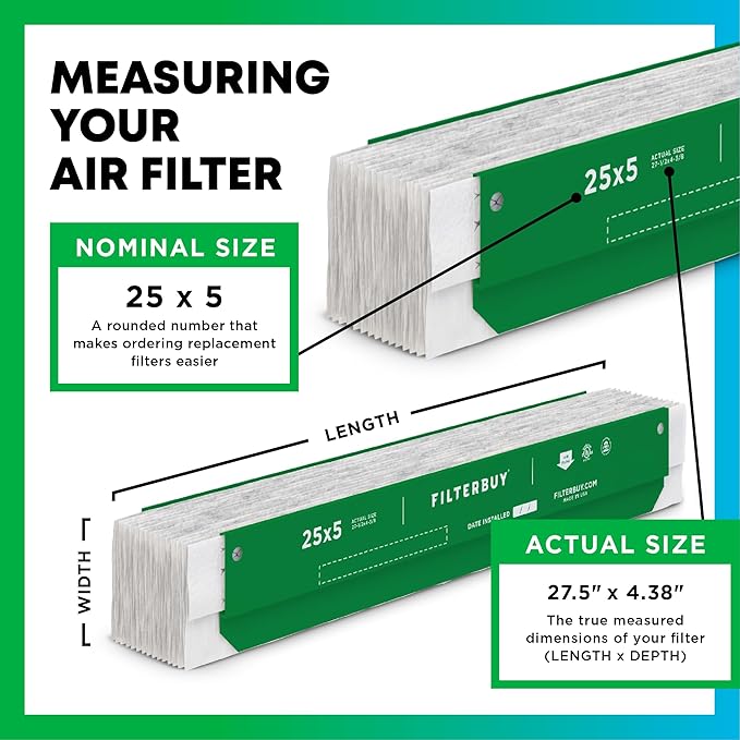Filterbuy 25x5 Expandable Air Filter MERV 8 Dust Defense (2-Pack), Pleated Furnace Air Filters Replacement for Trane Perfect Fit BAYFTFREXM2 and American Standard (Actual Size: 27.50 x 4.38 Inches)