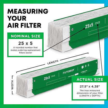 Filterbuy 25x5 Expandable Air Filter MERV 8 Dust Defense (2-Pack), Pleated Furnace Air Filters Replacement for Trane Perfect Fit BAYFTFREXM2 and American Standard (Actual Size: 27.50 x 4.38 Inches)