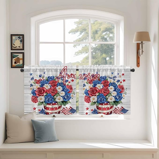 Independence Day Kitchen Tier Curtains 36 Inch Long 2 Panel Set,Rod Pocket Half Window Curtains Over Sink,4 of July Rose Wooden Grain Vintage Light Filtering Short Drapes Cafe 27.5"W x 36"L