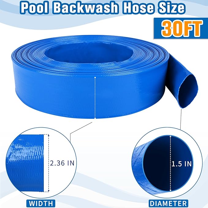 MYFAMIREA 1.5 IN x 30 FT Pool Backwash Hose Heavy Duty Drain Discharge Double PVC Layflat Hose with 2 Clamps, Weatherproof Burst Resistant for Water Transfer, Sump Pump, Pool Filter, Drain (9.2M,Blue)