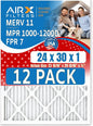 24x30x1 Air Filter MERV 11, 12 Pack of Furnace Filters Comparable to MPR 1000, MPR 1200 & FPR 7 Made in USA AIRX FILTERS. Actual Size: 23 15⁄16" x 29 15⁄16" x ¾" AKA 23.9375" x 29.9375" x 0.75".