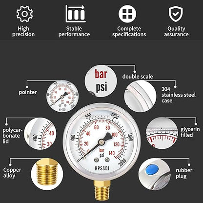 0-2000 Psi Glycerin Liquid Filled Hydraulic High Pressure Gauge, 2.5" Dial Size, 1/4" NPT Lower Mount, 304 Stainless Steel Case, for Water Oil Air Gas Pressure Test