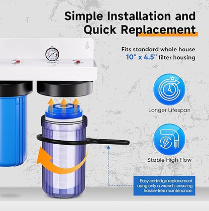 PUREPLUS 2-Stage Whole House Water Filtration System, 10" Universal Clear Housing, Reduces Sediment, Iron/Manganese, Chlorine, Taste & Odor, Ideal for Well Water, Pressure Gauges, 1" Inlet/Outlet