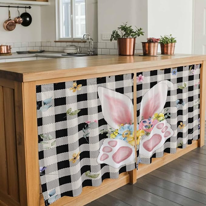 Easter Kitchen Tier Curtains 24 Inch Long 2 Panel Set,Rod Pocket Cafe Small Window Curtains Over Sink,Spring Rabbits Ears Feet Wildflowers Black Plaid Light Filtering Short Drapes 27.5"W x 24"L
