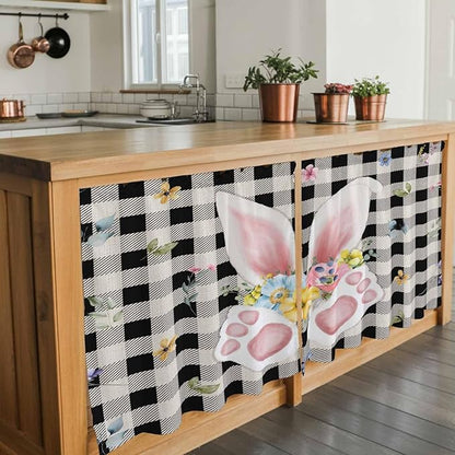 Easter Kitchen Tier Curtains 24 Inch Long 2 Panel Set,Rod Pocket Cafe Small Window Curtains Over Sink,Spring Rabbits Ears Feet Wildflowers Black Plaid Light Filtering Short Drapes 27.5"W x 24"L