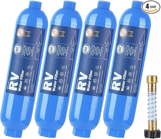SheeChung RV Water Filter 4 Pack with Flexible Hose Protector, NSF Certified, Inline Hose Water Filter for RV, Boat, Campsite – Reduces Odors, Bad Taste, Chlorine, Rust