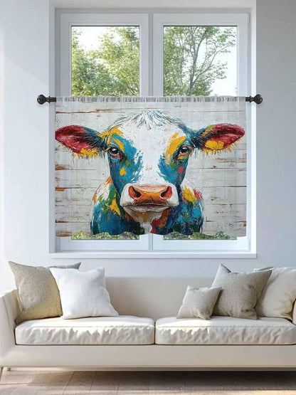 Sheer Curtains 45 Inch Length, Rustic Cow Semi Sheer Curtains Light Filtering Window Treatment, Vintage Colorful Animals Art Wooden Grain Privacy Voile Drapes for Living Room Bedroom 52x45 Inch