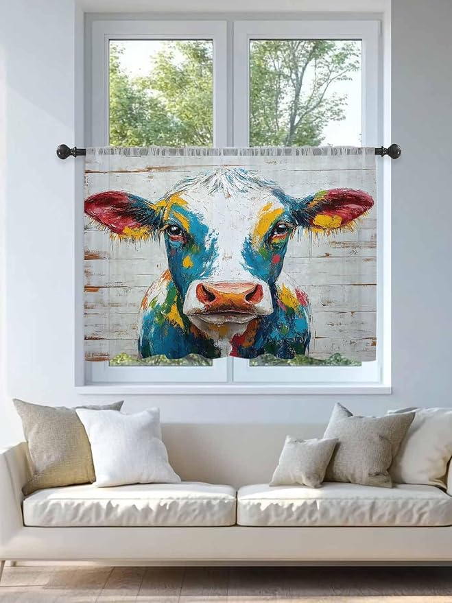 Sheer Curtains 54 Inch Length, Rustic Cow Semi Sheer Curtains Light Filtering Window Treatment, Vintage Colorful Animals Art Wooden Grain Privacy Voile Drapes for Living Room Bedroom 52x54 Inch