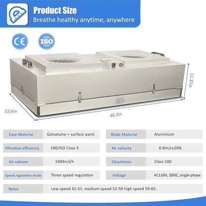 HEPA H14-Filter Laminar Flow Hood Updated FanFilter Unit（Include HEPA Filter）100/ISO Class 5 Cleanroom/Laboratory/Cleanroom/Mushroom Room, Laminar Air Flow Hood(46.2"x22.6"110V，Dual machine)